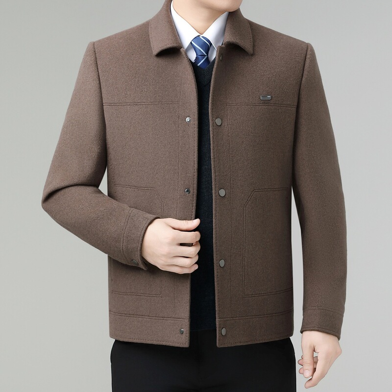 High-End Woolen Coat Jacket for Men, Short Style, Middle-Aged, with a Turn-Down Collar, Thickened down Lining, Double-Sided Cashmere Coat