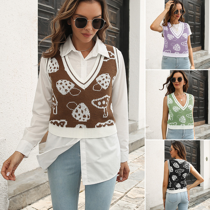 Independent Station Explosions Mushroom Jacquard Diamond Vest Sweater Women's Vest Autumn and Winter European and American Knitwear Cross-border New