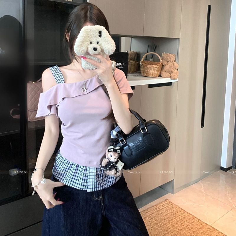 大码露肩设计感拼接短袖t恤女夏季2025新款胖mm褶皱收腰斜肩上衣|undefined