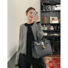 楠涛山羊绒复古双拼撞色针织开衫女秋冬设计感气质圆领长袖上衣