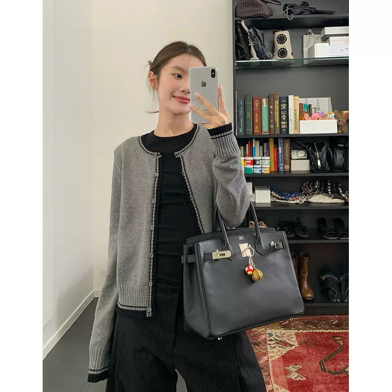 楠涛山羊绒复古双拼撞色针织开衫女秋冬设计感气质圆领长袖上衣