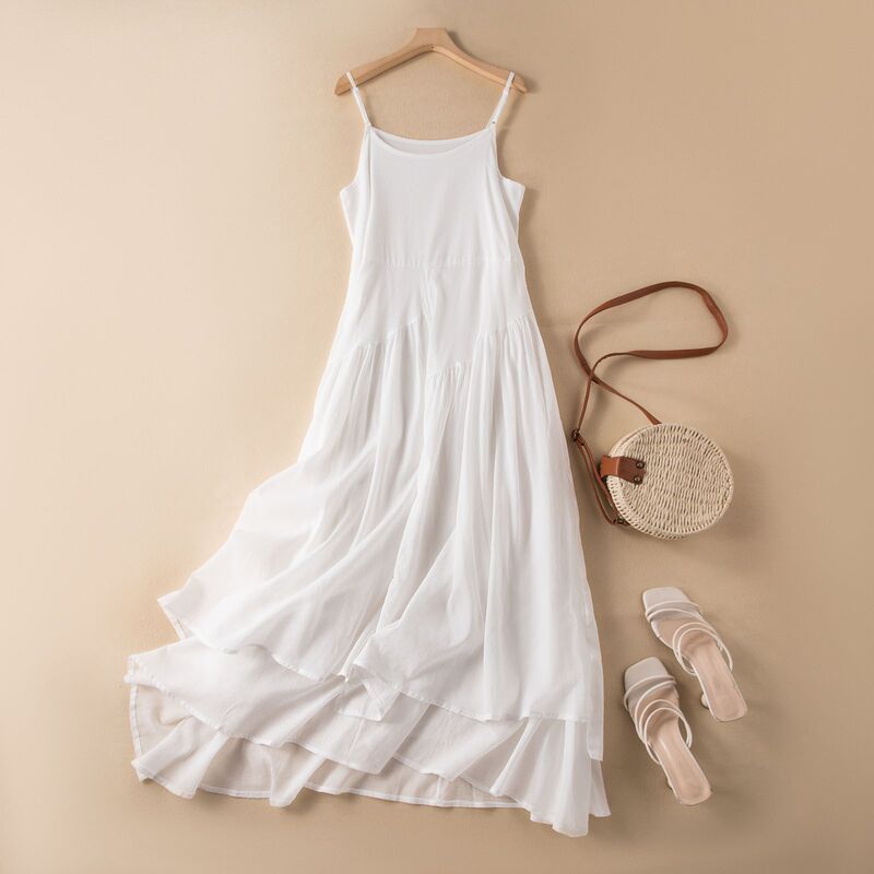 Fairy Elegant Long Irregular Large Swing Slip Dress Beach Dress Summer Slim Vest Base Dress White Dress