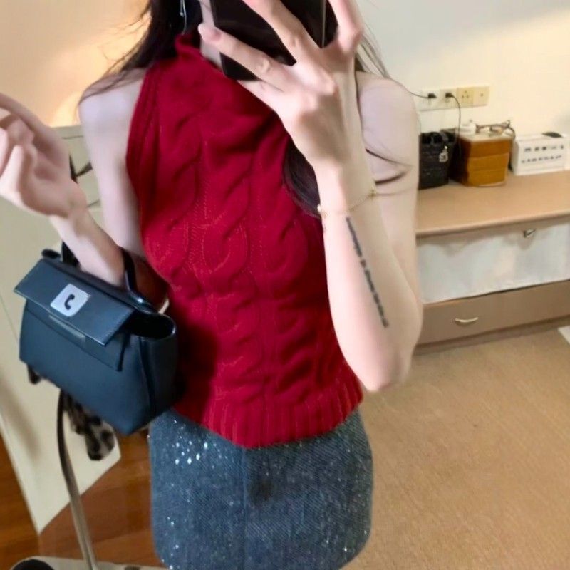 Half-High Collar Cable-Knit Vest for Women, Suitable for Autumn and Winter, Can Be Worn as Outerwear or Layered Inside a Sweater, Slim Fit, Flattering, Sleeveless Top