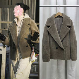 宋佳同款时尚气质短款羊羔毛外套冬季新款韩系加厚翻领毛呢大衣女