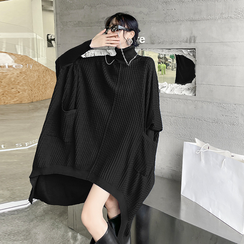 Estilo americano turtleneck Vestido de punto de las mujeres otoño nueva suelta adelgazamiento nicho diseño estilo occidental irregular suéter vestido