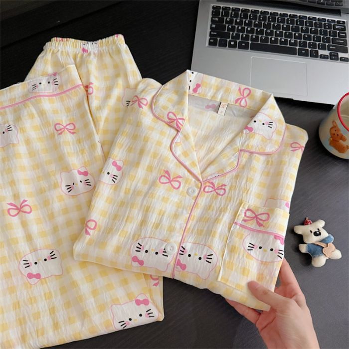 Al por mayor transfronterizo nuevo pijama de mujer pantalones de manga larga nubes de algodón lindos dibujos animados estudiantes cardigan con solapa cubierta de ropa para el hogar