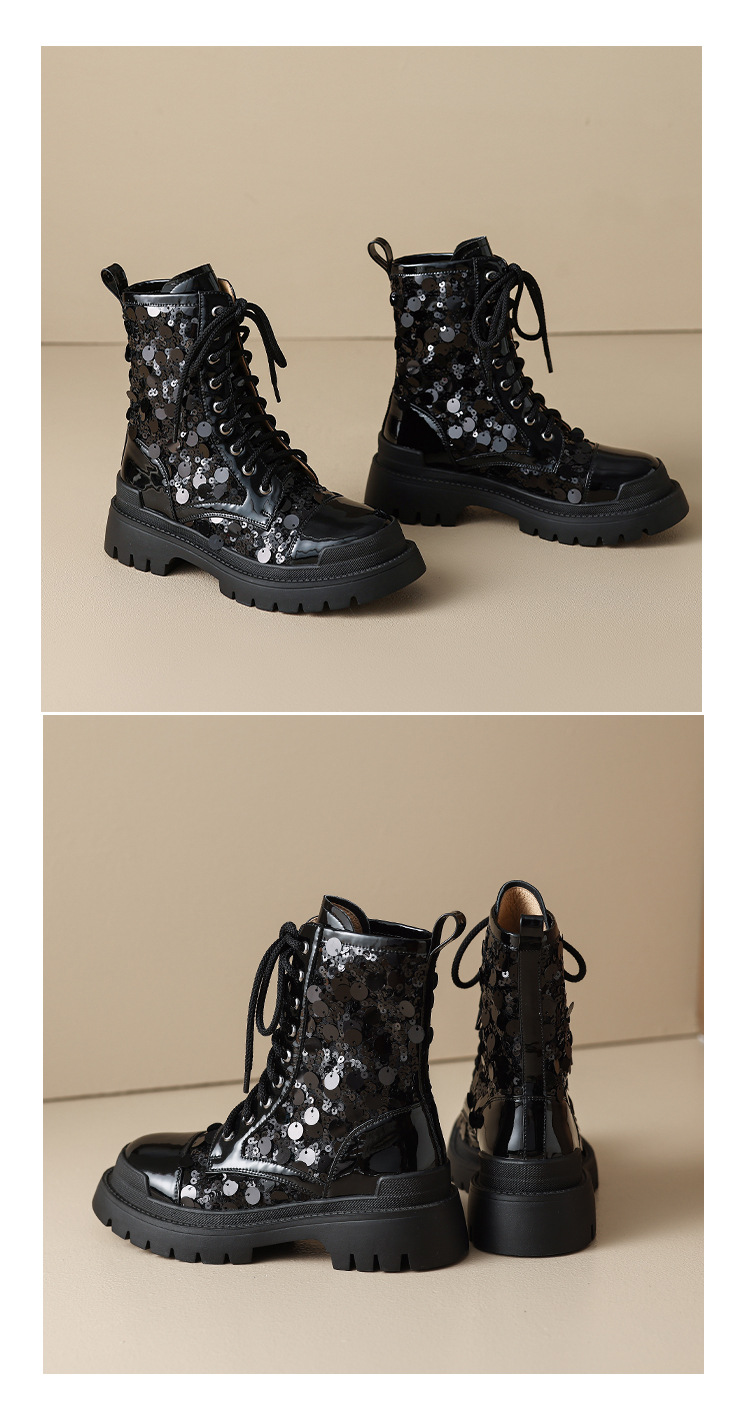 Boot nữ cổ thấp hở mũi dây buộc đế platform cao 5 cm màu bạc sequin — màu đen, bạc chi tiết 13