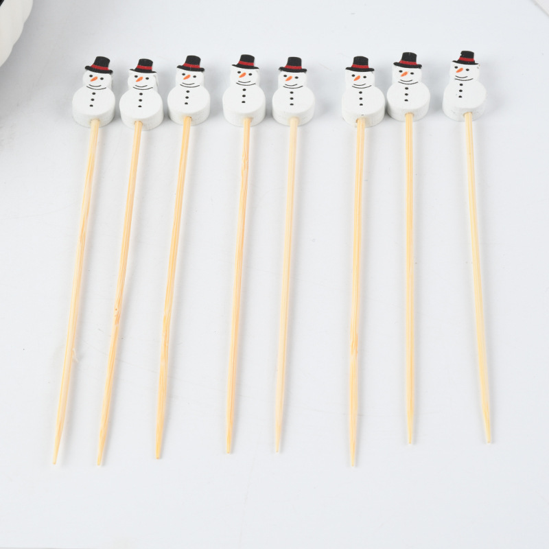 Navidad creativa bambú tiquetas de nieve horquilla de fruta decoración horquilla de fruta bandeja de bambú desechable suministro de tiquetas de vino de moda