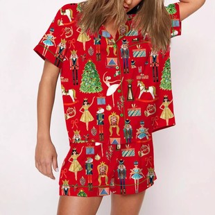 European and American Cross-border 2024 Autumn New Amazon Christmas Pajamas Two-piece Casual Printed Long-sleeved Home Clothes
