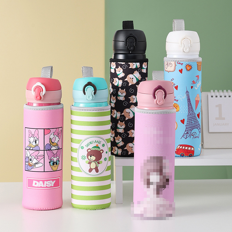 Wholesale spot cartoon thermos cup cup set children's student protective bag hand carry with rope cup set 500ml
