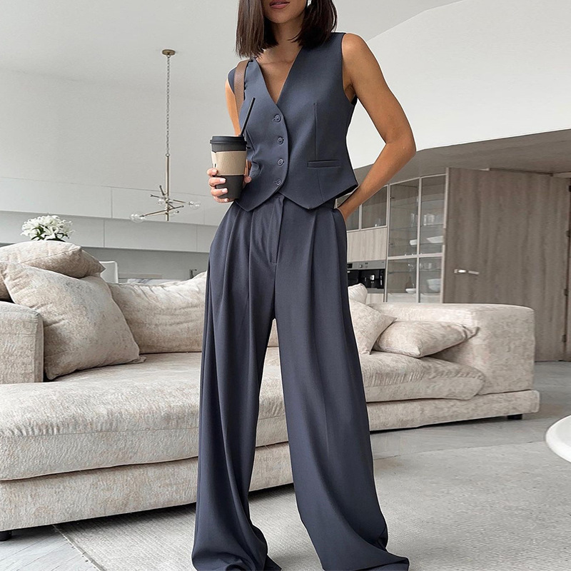 491g Weight Vest Outerwear Type Sleeveless Sleeve Length Polyester Fabric Type Blazer Suits Co-ord Set Sets Type 2 Pieces Set Quantity Casual Occasion V Neck Neckline Slim Fit Type Solid Color Pattern Spring Season Women's Gender Casual Style Casual Women's Casual Solid Color Polyester Blazer Suits Co-ord Set Pants Sets 7