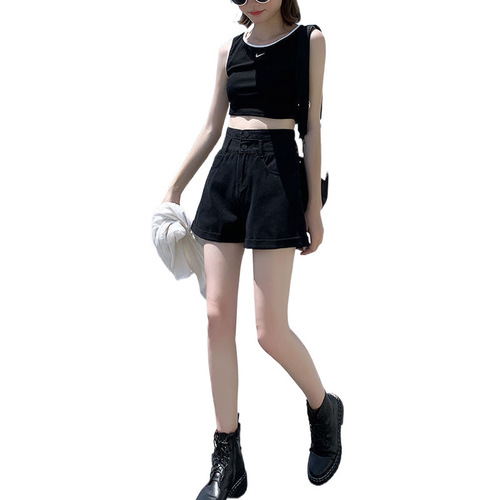 Women's High-Waist Slim-Fitting Wide-Leg Jeans Shorts with Double Button and Hemmed Edge, Summer Black Lettered Pants