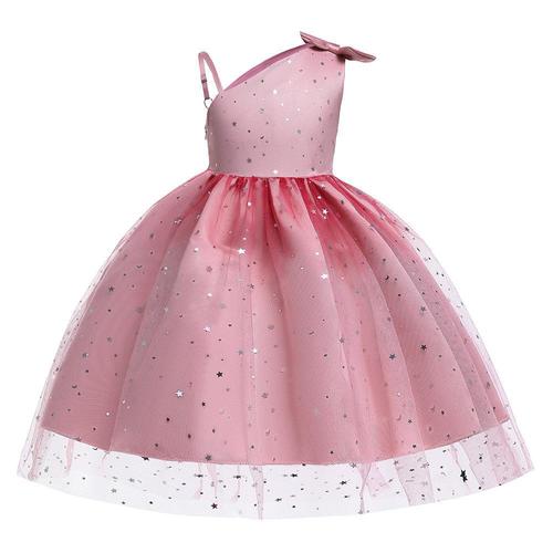 Elegant European and American Foreign Trade Children's Dress with Gradient Net Fabric, Fluffy Princess Skirt, Star Sparkle, Asymmetrical Shoulder, Girls' Festival Performance Costume