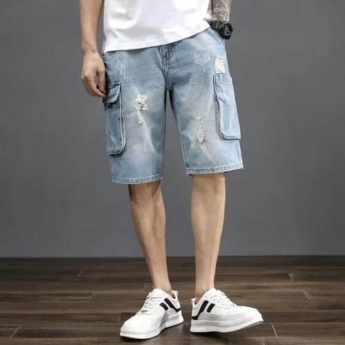 Summer casual multi-pocket loose denim shorts for men, trendy loose work pants, retro jeans, five-pocket shorts