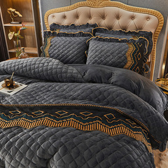 5ZV7 European Style Thick Crystal Fleece Bedspread Set with Four Pieces, Cotton Coral Fleece Insulated Double-Sided Quilted Fleece Warm Autumn Cover