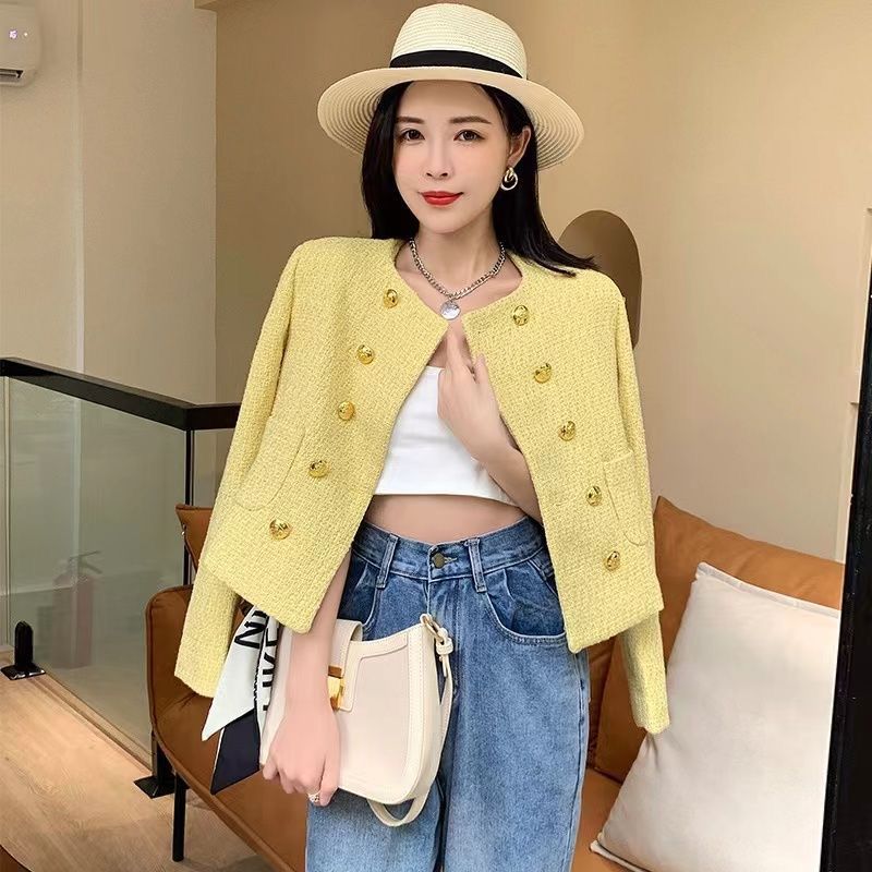 Yellow Tweed-Style Jacket for Women 2026 Spring and Autumn New Elegant Socialite Vibe Tweed Blazer Short Top