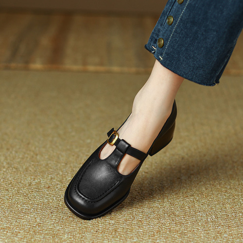 English-style small leather shoes for women, with a sense of design, niche medium-high wedge heels for women, 2024 autumn French retro brown open-toe single shoes