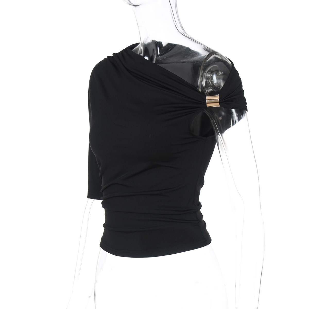 Camiseta ajustada asimétrica con pliegues y hombros descubiertos para mujer, color liso, de manga corta