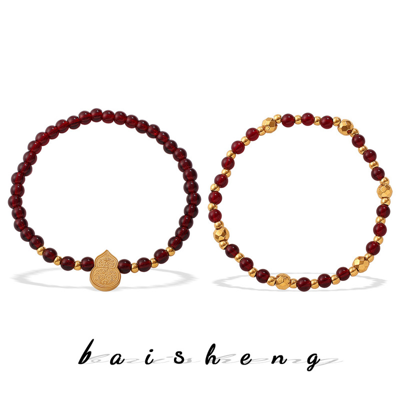 European and American Cross-Border Niche Trend Garnet Stone Bracelet with Gold Beads, Embossed Gourd Pendant, Snake-Turning Horse Year Lucky Bracelet