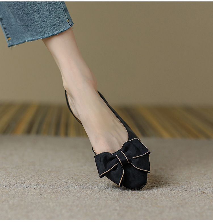 Sandal nữ bít mũi đế bệt phong cách cổ điển nơ phối màu — Màu đen chi tiết 14