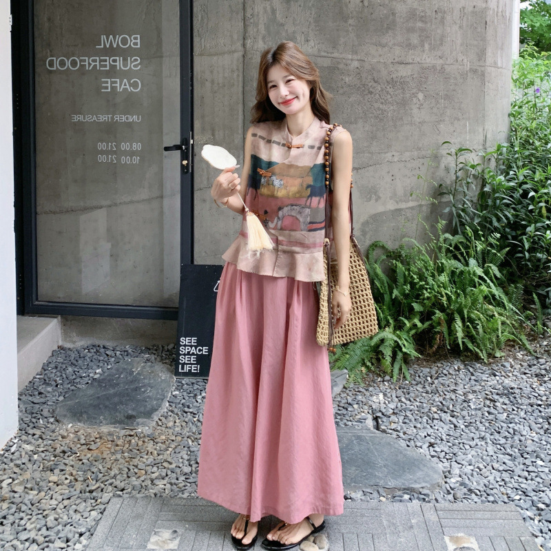 New Chinese Style Women's Suit Set, Summer 2026: Stylish and Slimming Sleeveless Printed Top and Wide-Leg Pants Two-Piece Set