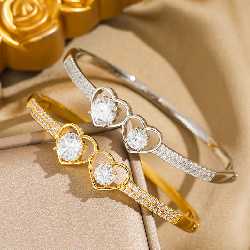 French-style heart-shaped full-diamond bracelet with double heart design, exquisite and sparkling, versatile for everyday wear, perfect gift for girlfriend, wholesale jewelry