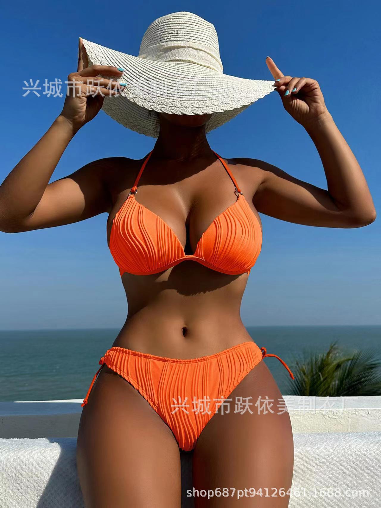 欧美新款游泳衣跨境性感分体带胸垫比基尼糖果色波浪法式三点详情23