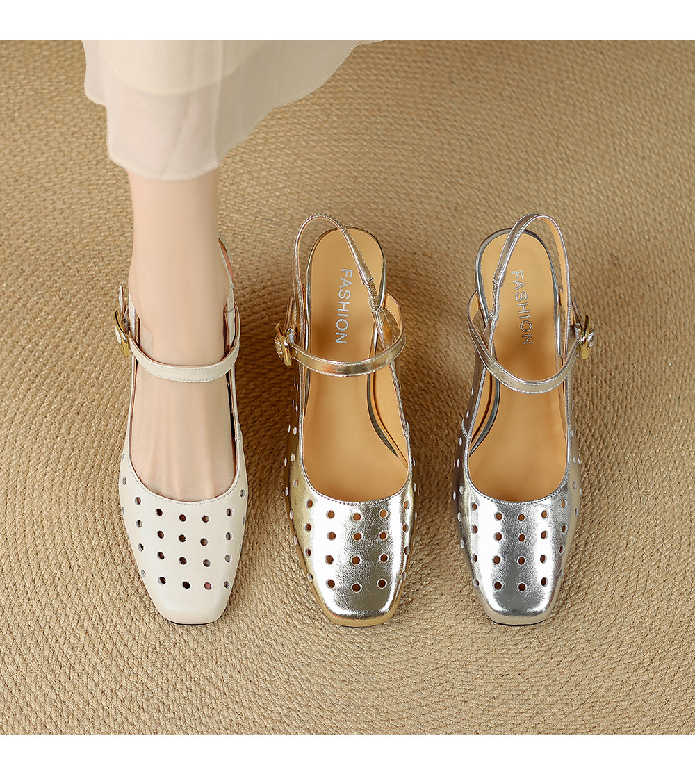 Sandal cao gót nữ mũi vuông quai ngang đế xuồng da thật lỗ thoáng khí — màu vàng, Trắng sữa, bạc chi tiết 12