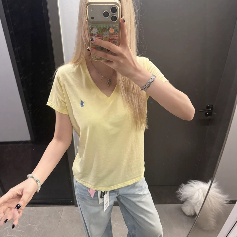 Old Money Style Rl Ralph Lauren Classic Embroidered Pony V-Neck Short-Sleeve Summer New Versatile Slim-Fit T-Shirt Top for Women