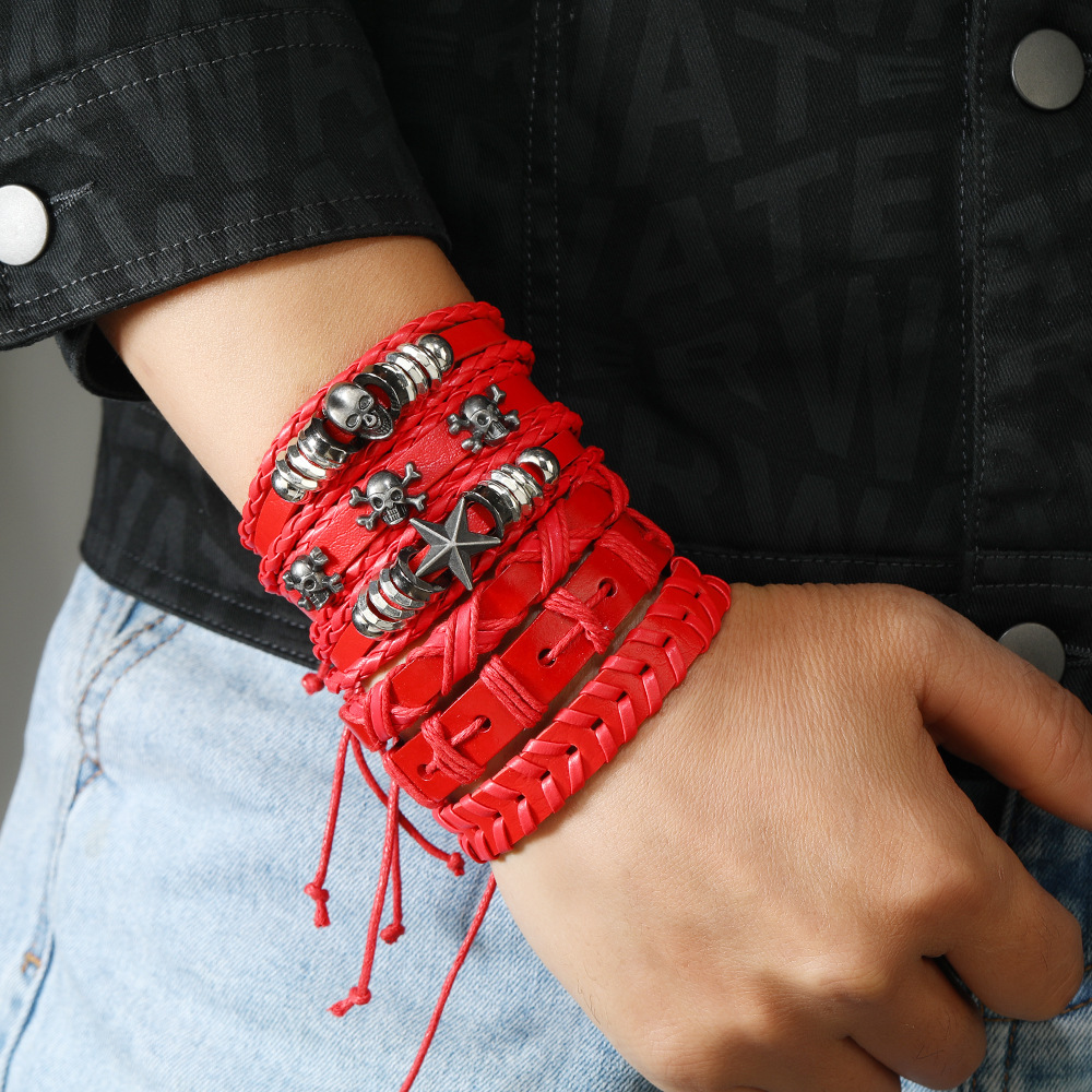 Vintage läderarmband med dödskalle för damer punk flätat_voghion.com