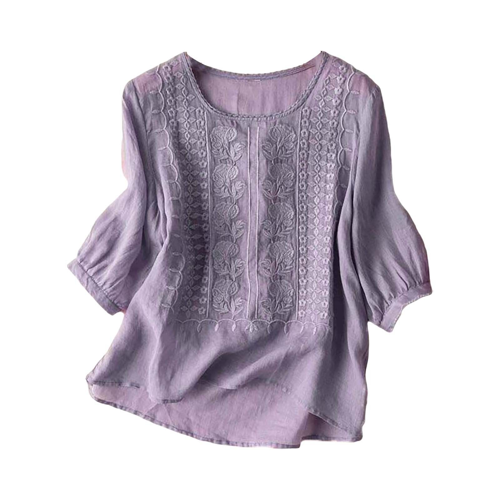 Medium Sleeve Top Women's Heavy Industry Embroidery Loose Literary Retro Cotton And Linen T-shirt Nostalgia Thin Breathable Cotton And Linen Top_ecoleips.com