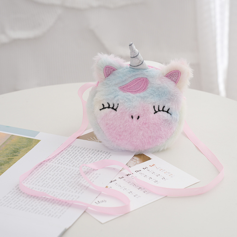 儿童卡通可爱毛绒斜挎包幼儿园女孩毛绒零钱包独角兽毛绒单肩包