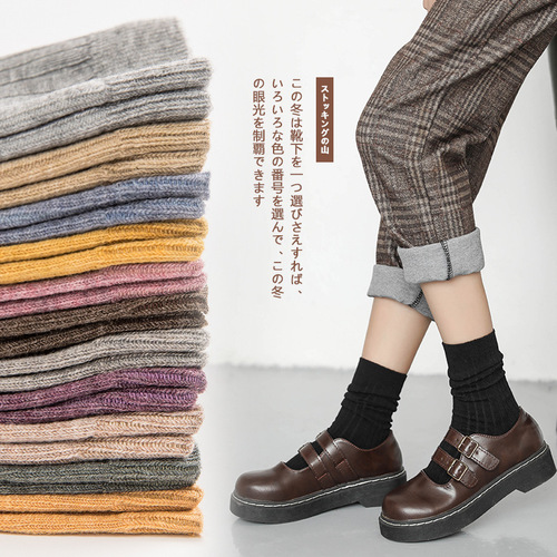 Zhuji women's crew socks pure cotton spring and autumn thin single color stack socks Japanese black long socks trendy items