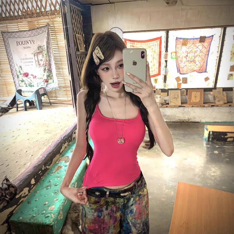 899 # Summer Sexy Pure Desire Front and Back Butterfly Embroidery Hollow Camisole Women's All-In-One with Breast Pads to Look Slim