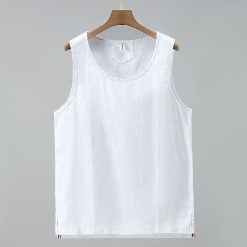 Linen V-Neck Men's Summer Thin Loose Solid Color Cotton Linen Cardigan Men's Beach Vacation Leisure Sleeveless T-Shirt Trendy