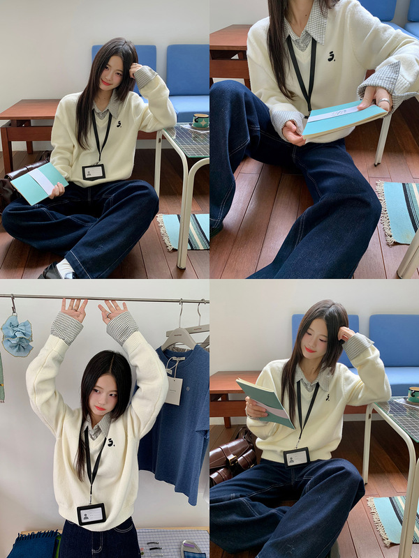 小仙倪子学院风格纹假两件毛织女圆领刺绣针织休闲慵懒感外套上衣|undefined