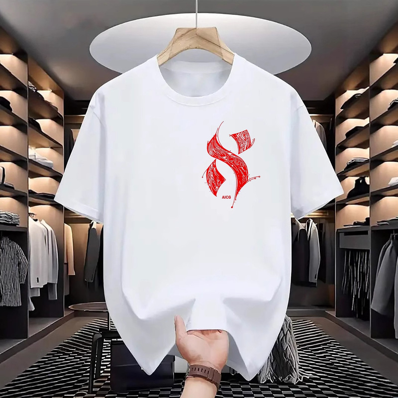 Men's Summer Heat Transfer Sports Round Neck Short Sleeve T-Shirt Creative Fashion Icon Trend Versatile