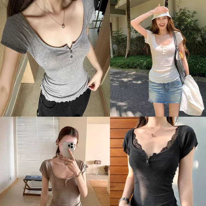 Large U-Neck Short-Sleeve T-Shirt for Women, Summer Skin-Friendly Lightweight Flutter Sleeve Low-Cut Sexy Unique Beautiful Top for Hot Girls