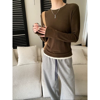 司南 轻松氛围感 撞色假两件圆领褶皱掐腰显瘦长袖打底衫 SN8386