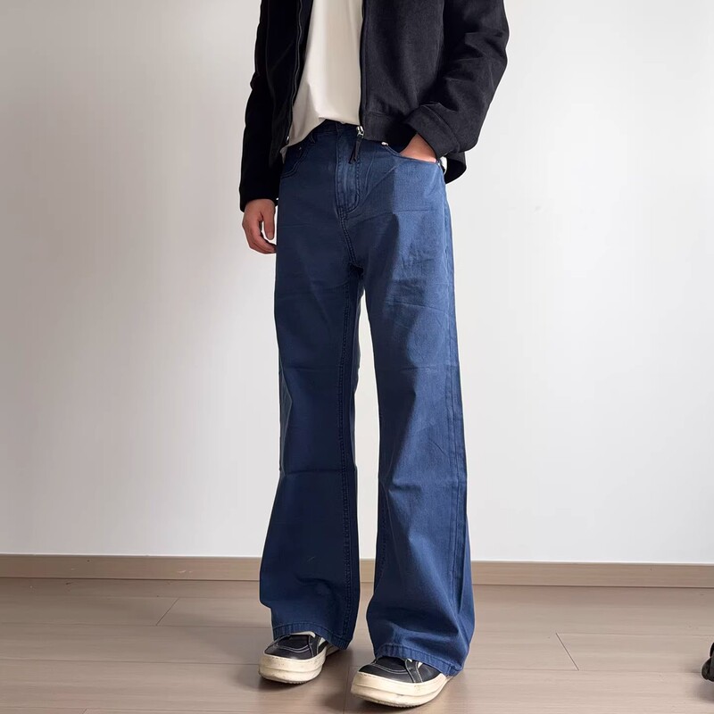 Men's Blue Flared Jeans, Summer Thin Vintage Distressed American Style Cleanfit Pants, Trendy Men's Blue Flared Jeans, Summer Thin Vintage Distressed American Style Cleanfit Pants, Trendy
