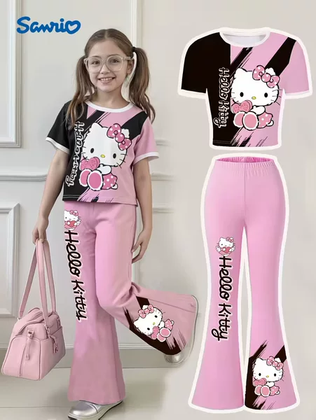 Cross-Border Wholesale Girls' Bell-Bottom Pants Set, Spring, Summer, and Autumn Fashion Girls' Sanrio Short-Sleeve Long Bell-Bottom Pants Set