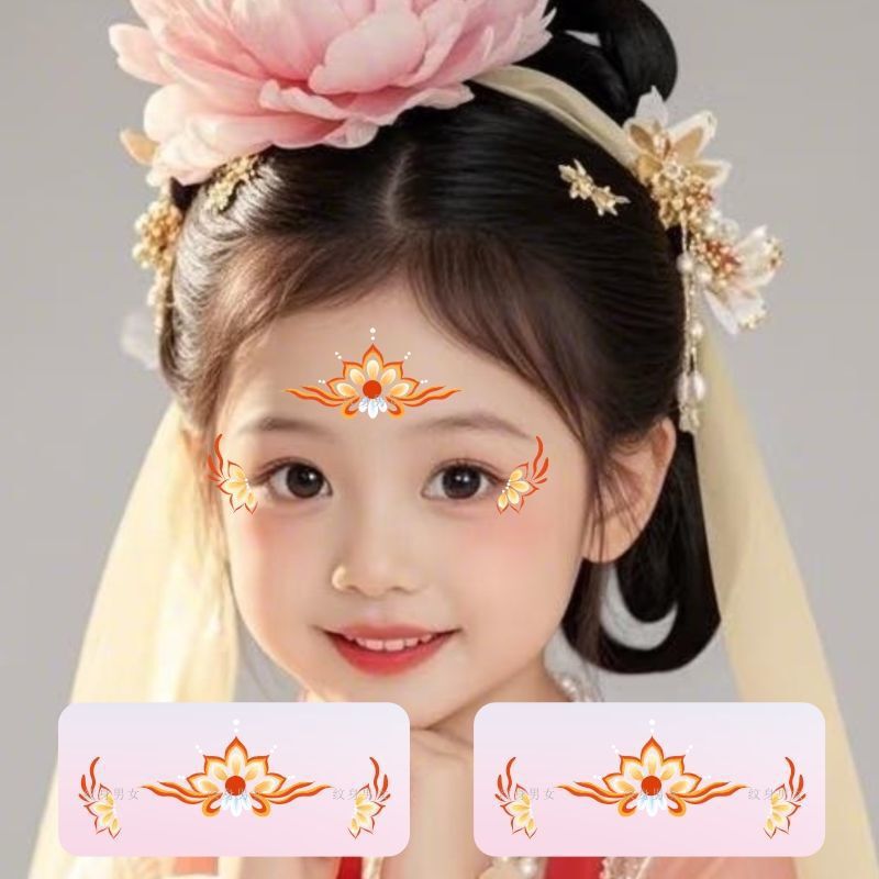Orange-themed Dunhuang floral tattoo stickers for the forehead and eyebrow area, suitable for Mid-Autumn Festival and New Year celebrations, featuring a traditional Chinese style and colorful eye corner designs for children Orange-themed Dunhuang floral tattoo stickers for the forehead and eyebrow area, suitable for Mid-Autumn Festival and New Year celebrations, featuring a traditional Chinese style and colorful eye corner designs for children