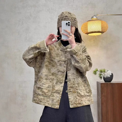 2025春の新作立襟プリント長袖ゆったり復古風盤ボタン女性コート民族風上着
