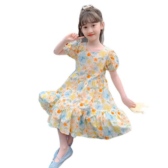 Girls' dress 2025 Summer New Children's Western-style Floral Skirt Korean-style Short-sleeved Princess Dress Trendy
