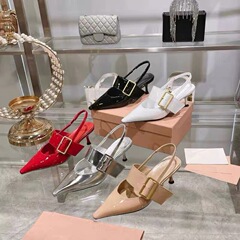 miu*同スタイルブラックパテントレザー万能スティレットヒールトゥハイヒールレディースメタルベルトスクエアバックルワンストラップサンダル