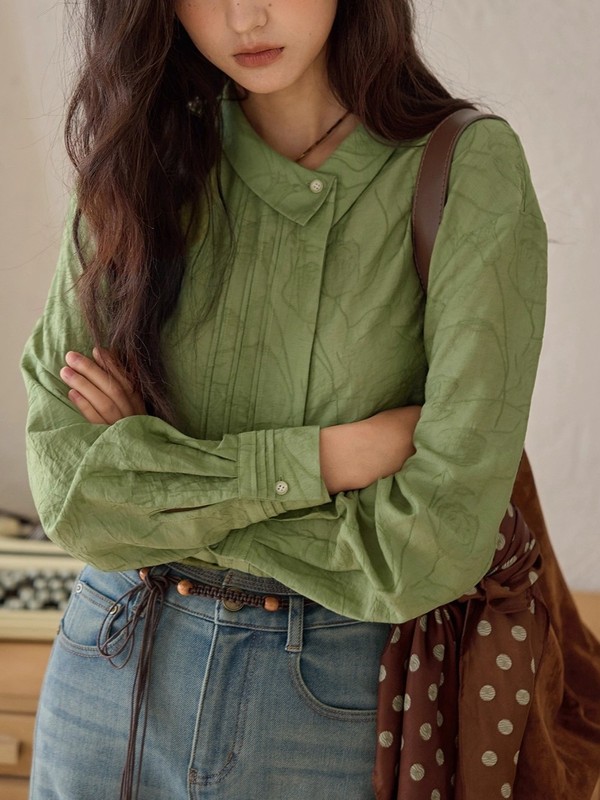 solighter 法式亚麻不对称翻领提花衬衫女秋|undefined