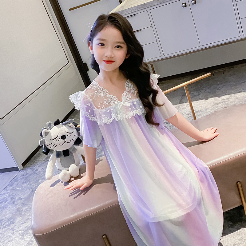 Summer Girls' Nightgown Short-Sleeved Thin Children's Princess Style Fairy Palace Rainbow Cool Nightgown Home Clothes