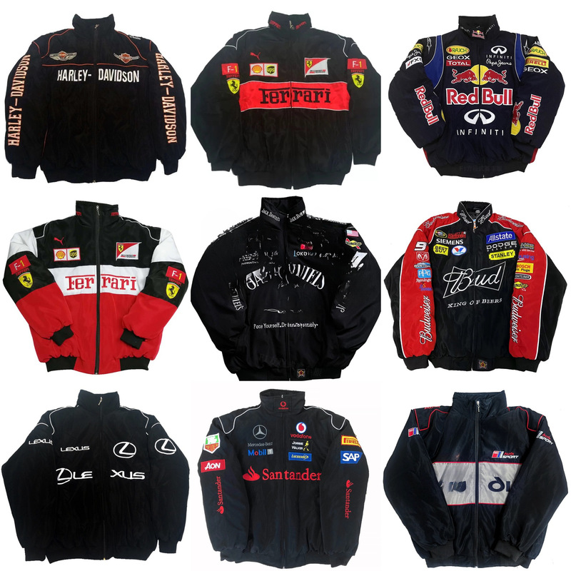 F1 Embroidered Racing Suit Motorcycle Riding Suit Retro European and American Style Long-Sleeved Cotton Jacket Casual Outwear Windproof and Warm