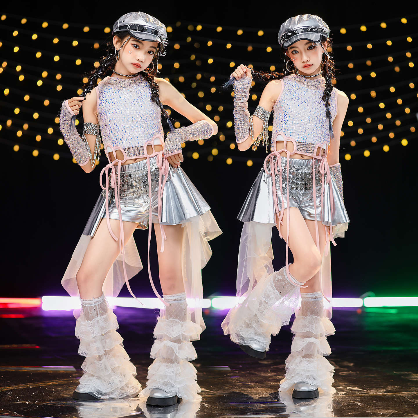 Children's Jazz Dance Performance Clothing Girls Hip-Hop Sequined Vest Leather Pants Skirt Kidsren's Jazz Girls Jazz Dance Clothing