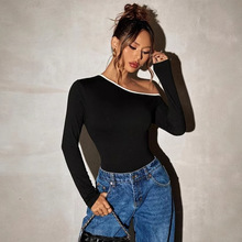 国际站外贸女装ins欧美潮流风斜领T恤秋冬设计感小众露肩上衣时尚